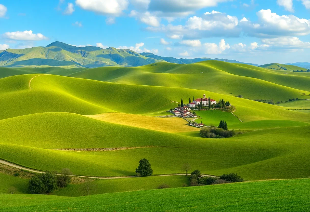A beautiful rural landscape in Turkey, with rolling green hills and a small village, representing the origin of the cheeses.