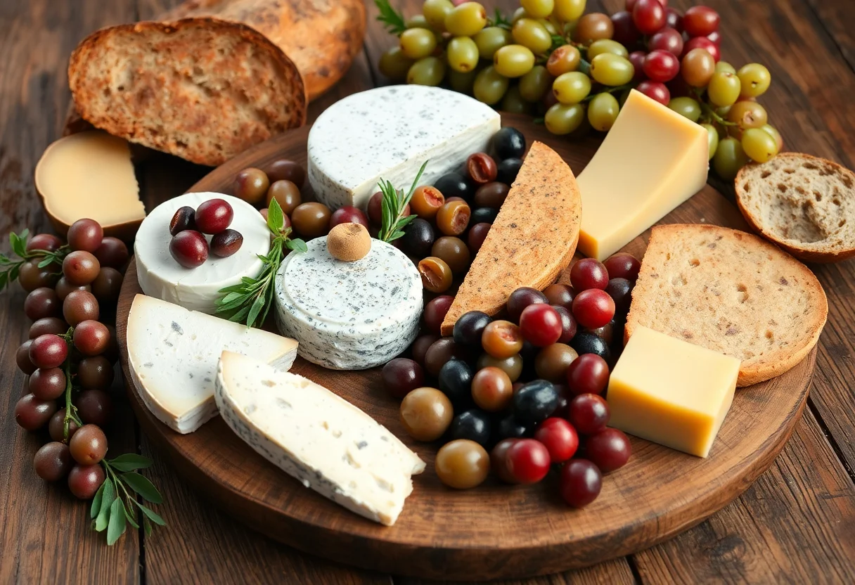 A rustic wooden table laden with various artisanal Turkish cheeses, olives, grapes, and bread.