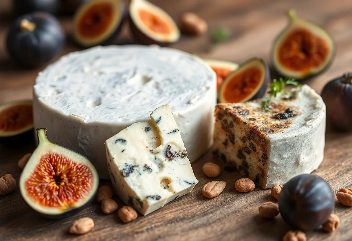Artisanal smoked and aged cheeses presented with figs and nuts.