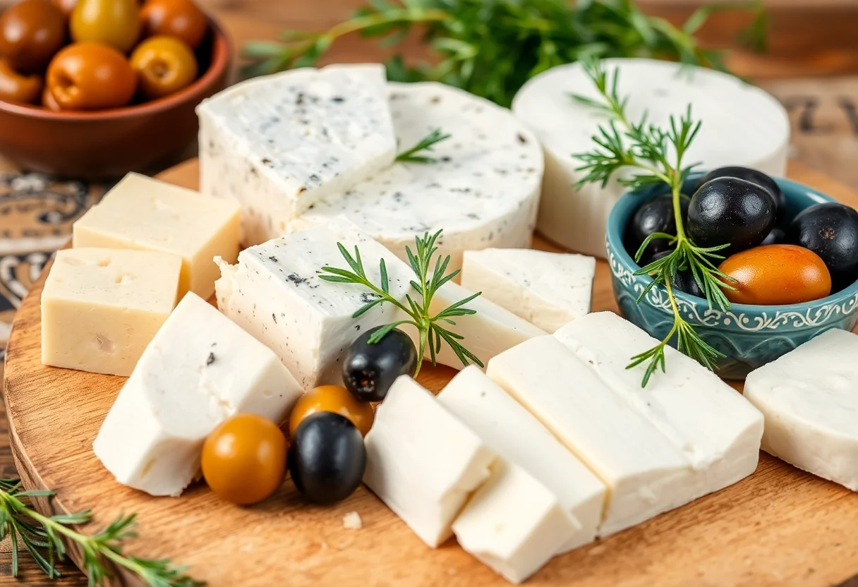 Fresh Aegean cheeses like feta and lor, served with olives and fresh herbs.