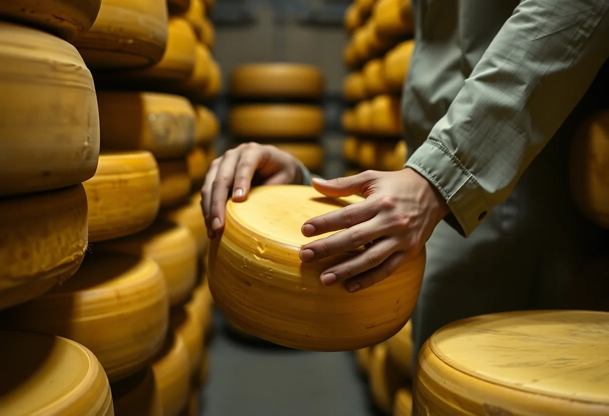 Hands of an artisanal cheesemaker carefully checking a wheel of aging cheese in a cellar.