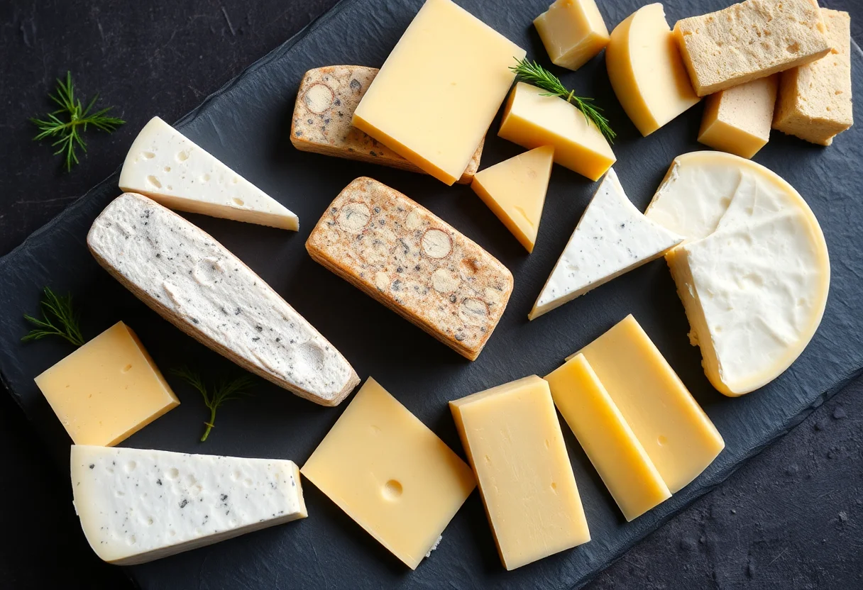 Selection of traditional hard and semi-hard Turkish cheeses on a slate board.